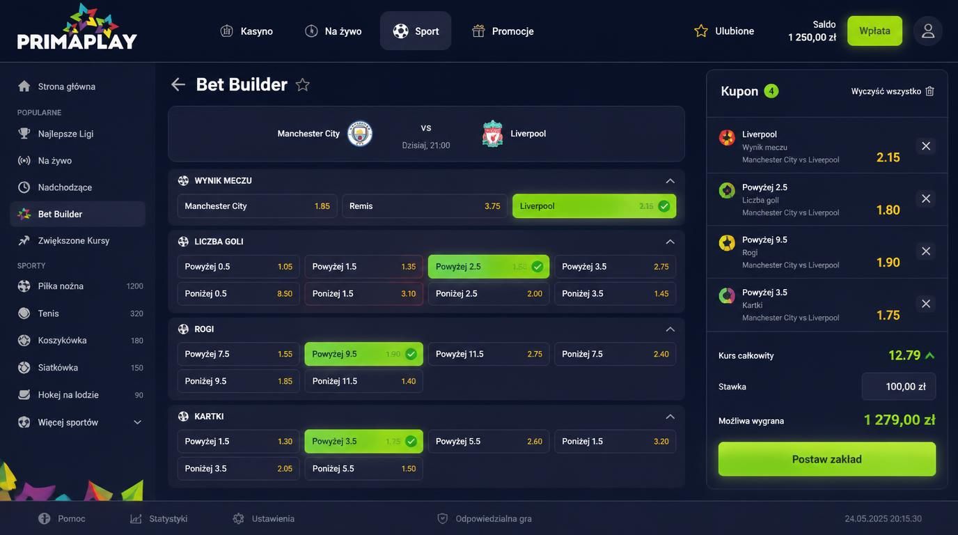 Interfejs Bet Builder z widocznymi rynkami typu wynik, gole i kartki