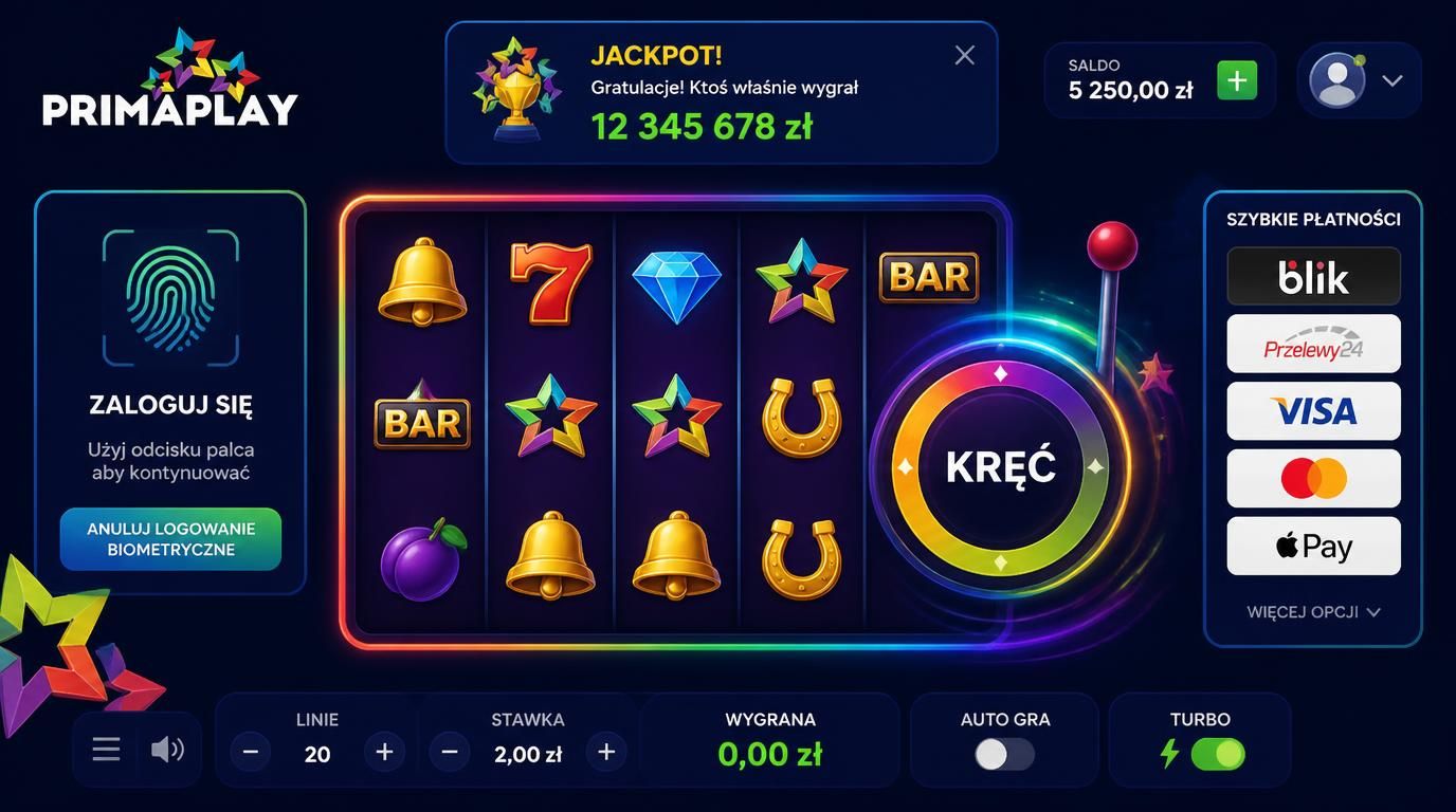Obraz powiadomienia „Nowy jackpot!”, logowanie odciskiem palca, automaty do gier, przycisk płatności szybki, wirujący spin
