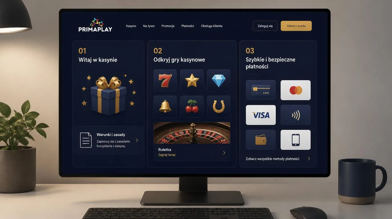 Panel kasyna online z sekcjami bonusu powitalnego, gier kasynowych i metod płatności