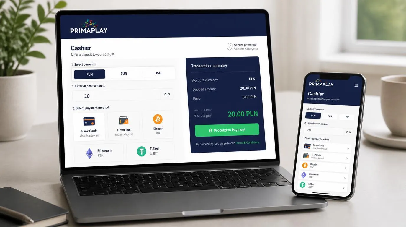 Panel kasy w PLN z wyborem kart, portfeli elektronicznych i kryptowalut oraz kwotą wpłaty 20 PLN