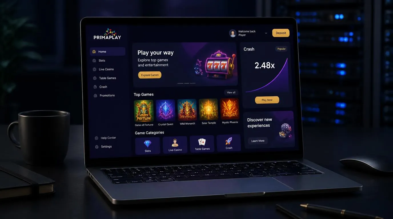 Panel kasyna na laptopie z katalogiem automatów, grą crash i przejrzystą nawigacją