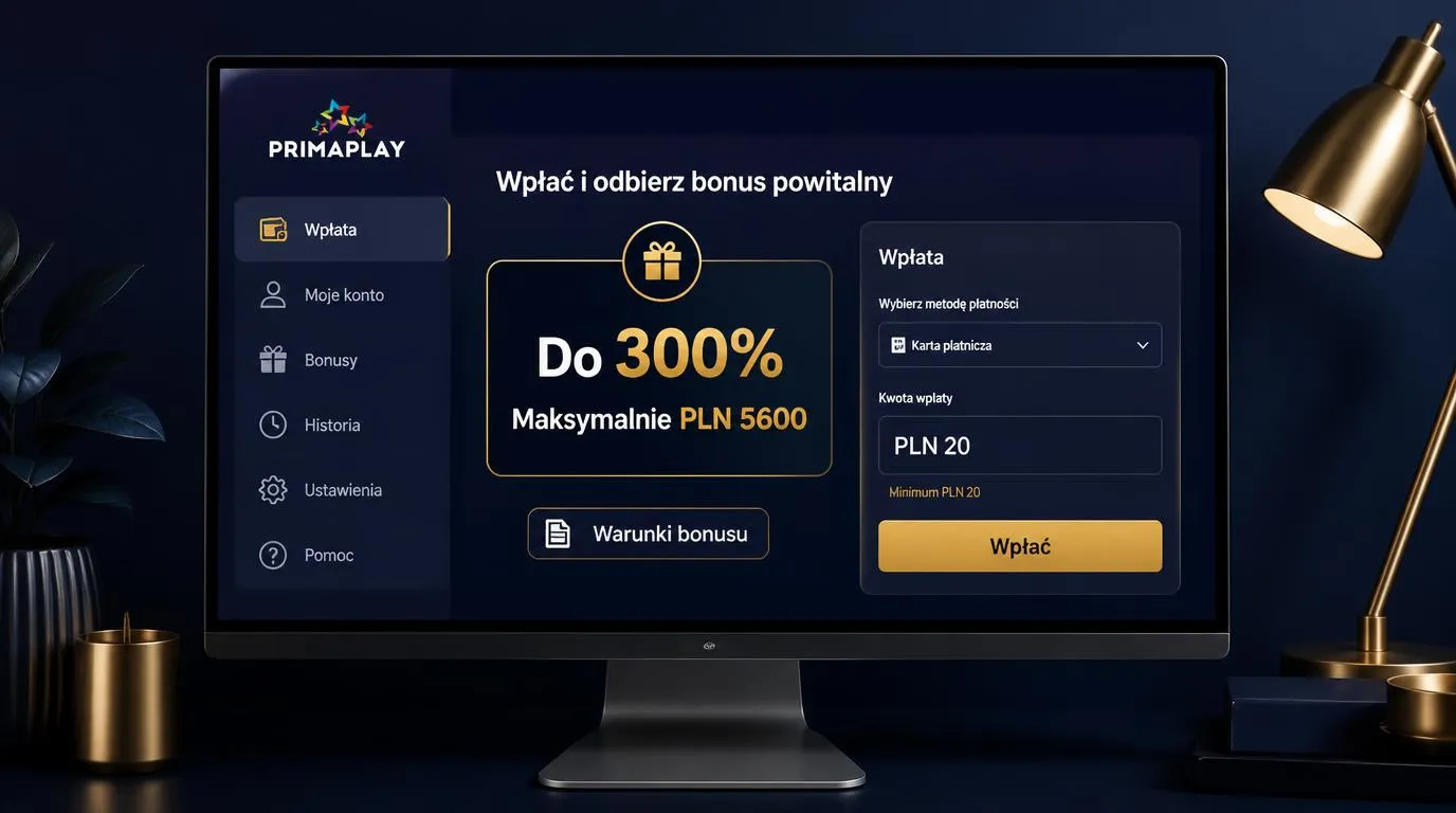 Panel bonusu powitalnego z ofertą do 300%, limitem PLN 5600 i minimalnym depozytem PLN 20